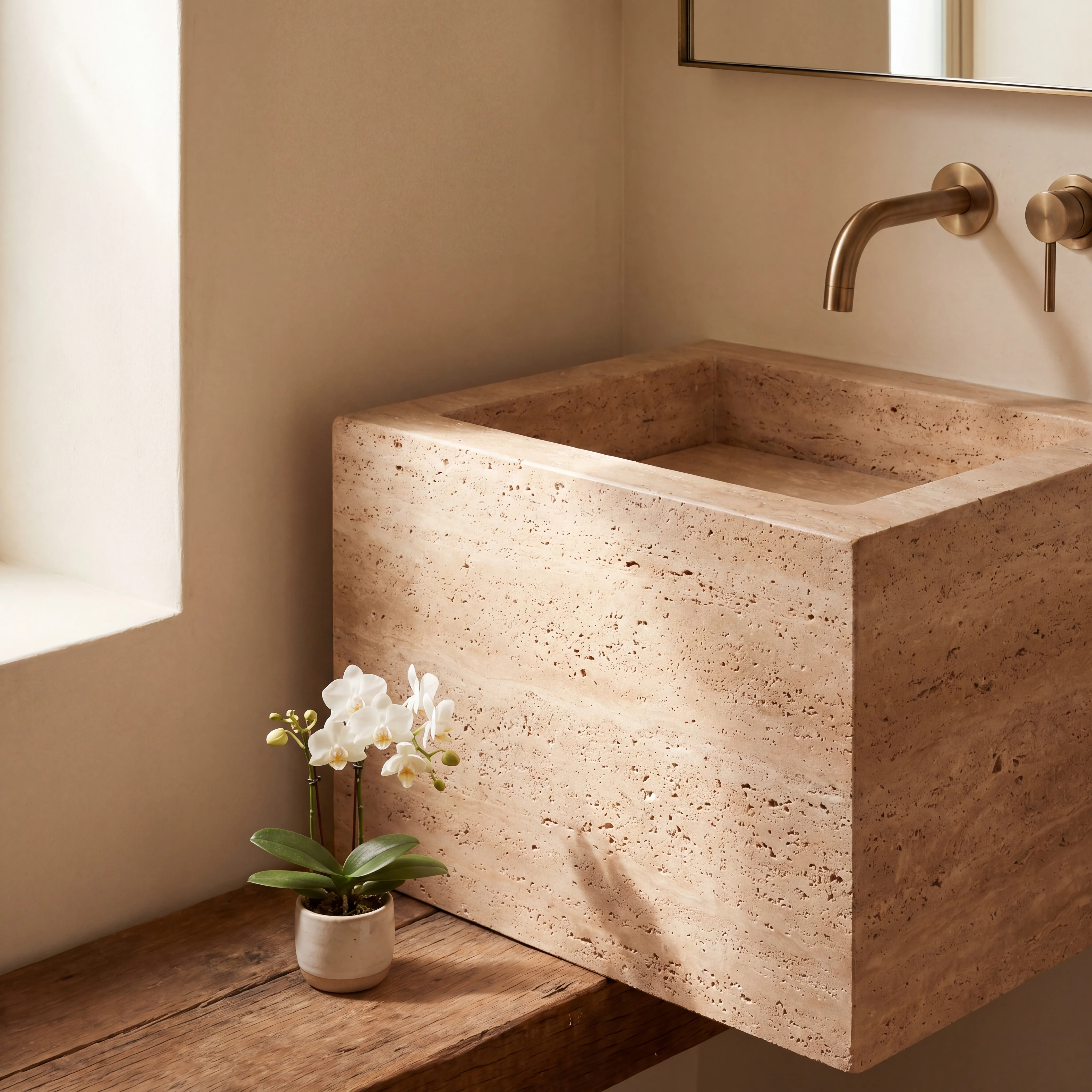 Baño con lavabo monolítico de travertino — Baño Travertino