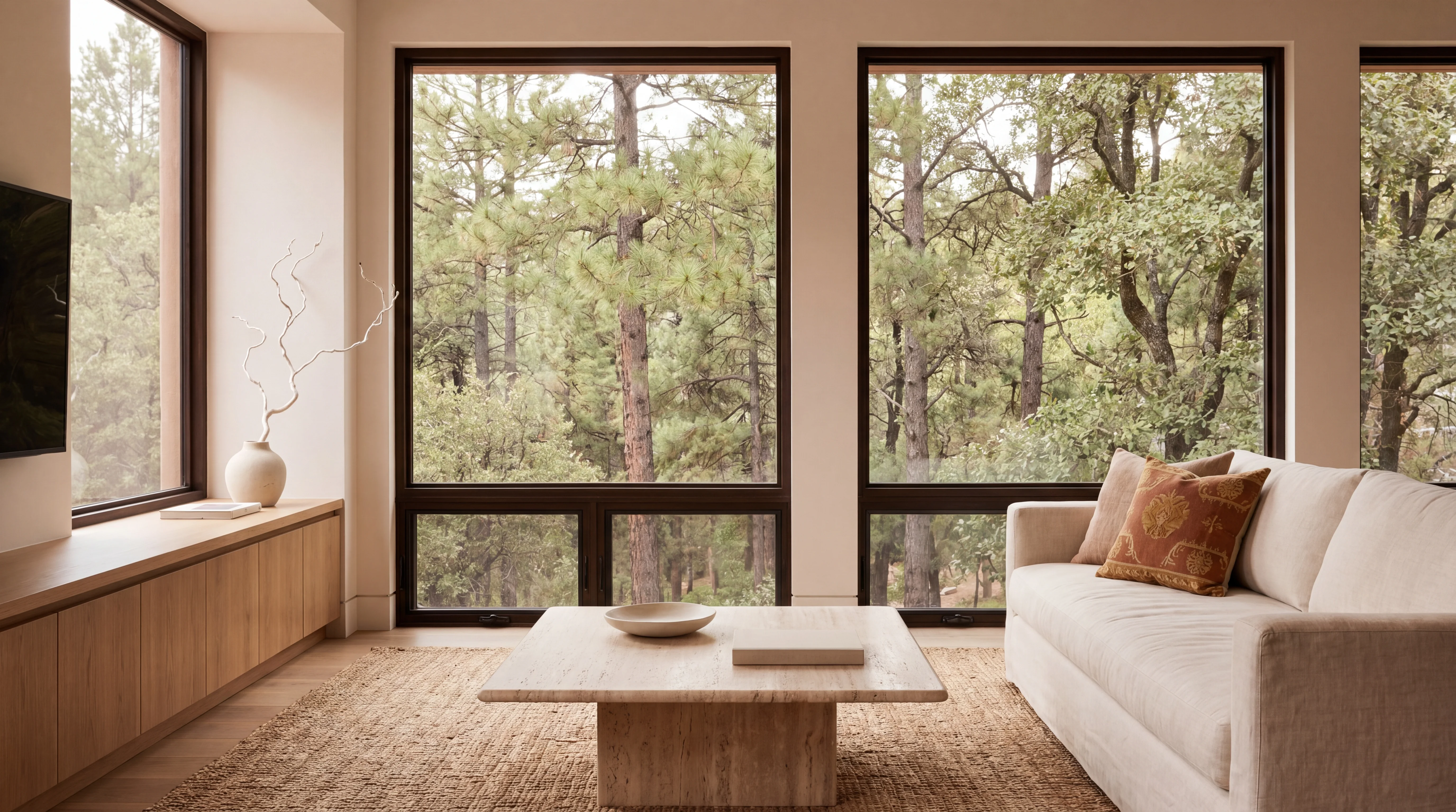 Sala con ventanal hacia bosque de pinos — Casa Bosques