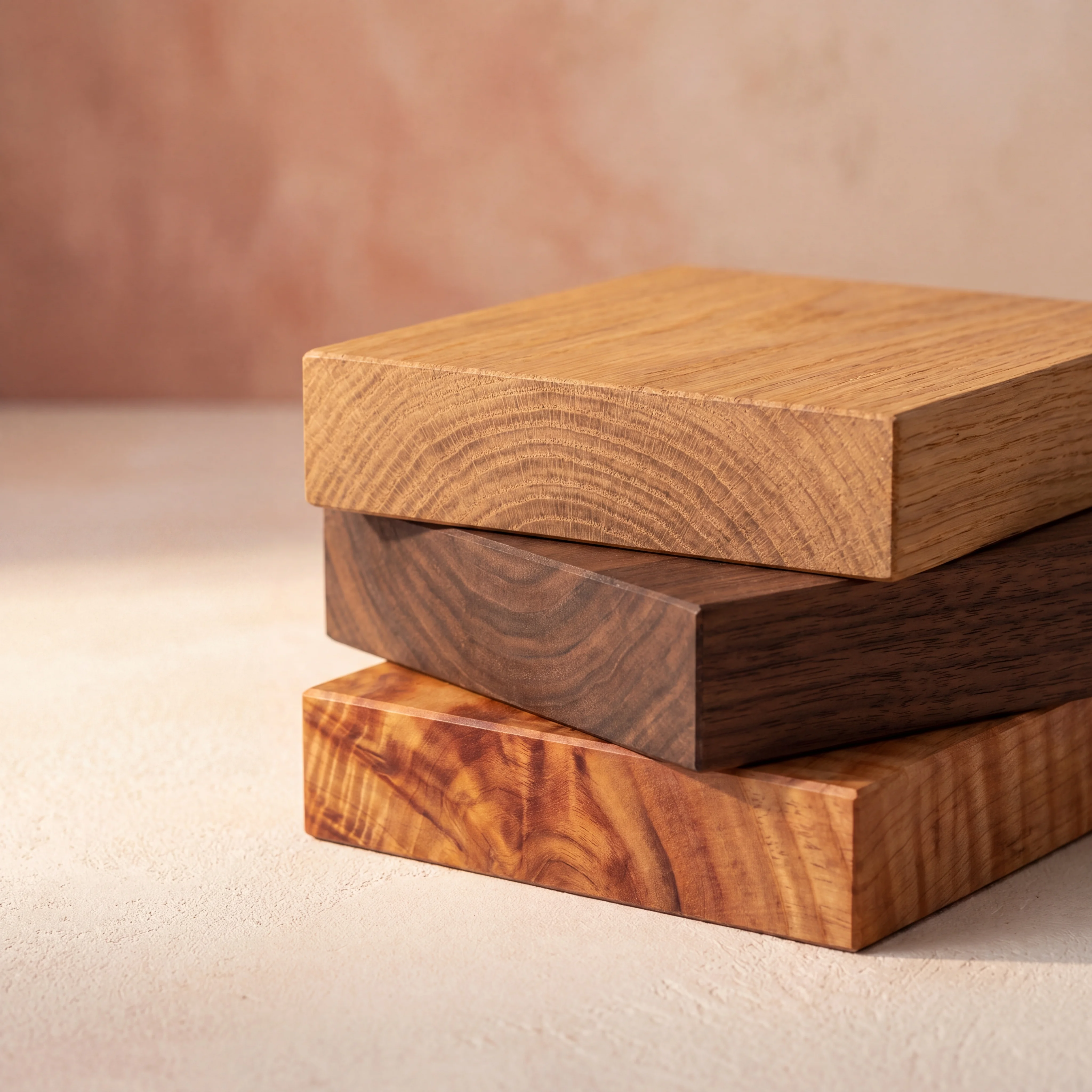 Muestras de maderas finas — roble, nogal, maple