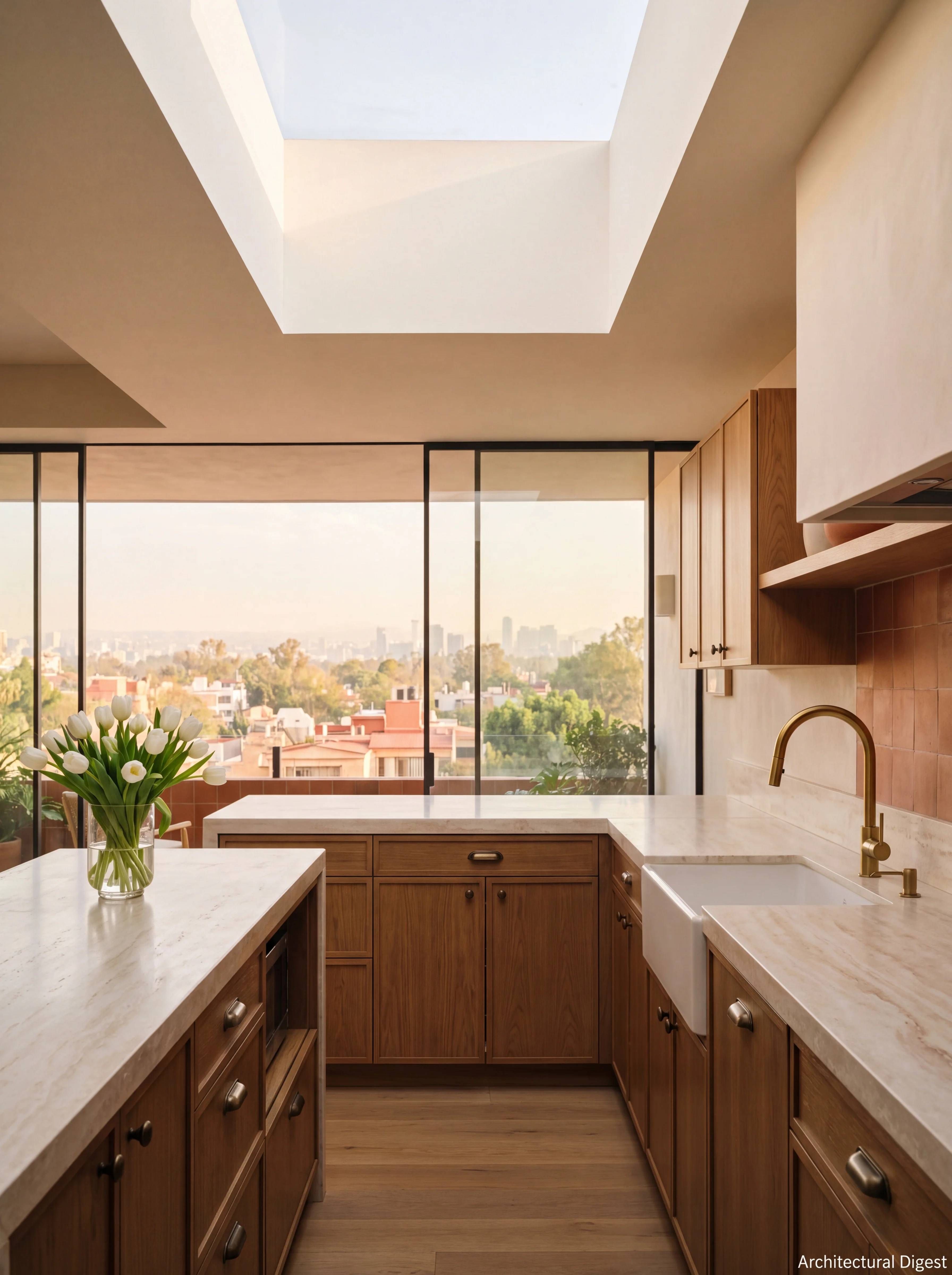 Cocina a medida con cantera travertino — Penthouse Polanco
