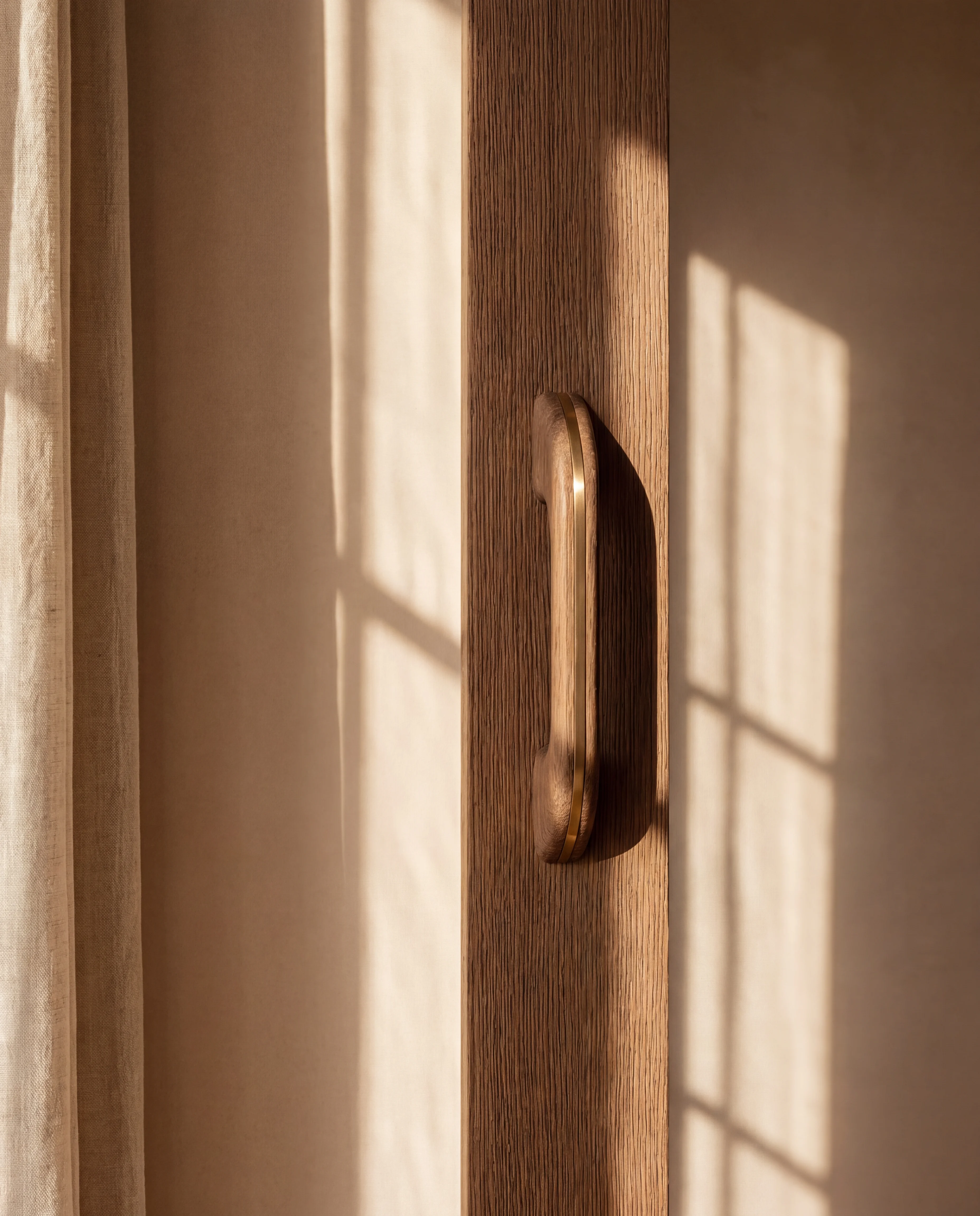 Detalle de tirador de madera con incrustación de bronce, luz cálida de tarde